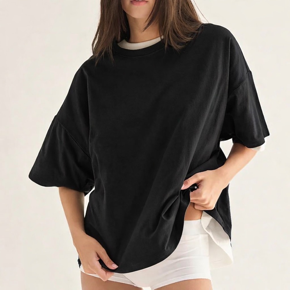 NEW Double Zero Black Oversized Cotton Tee Casual Basic Drop Shoulder Top Large